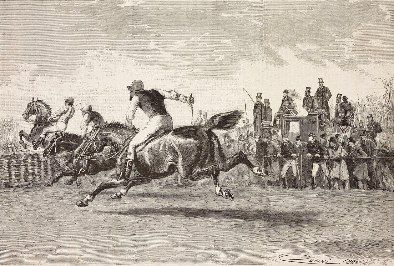 Course de chevaux au parc de la Villa Arconati, Castellazzo, Italie (gravure) - Quinto Cenni