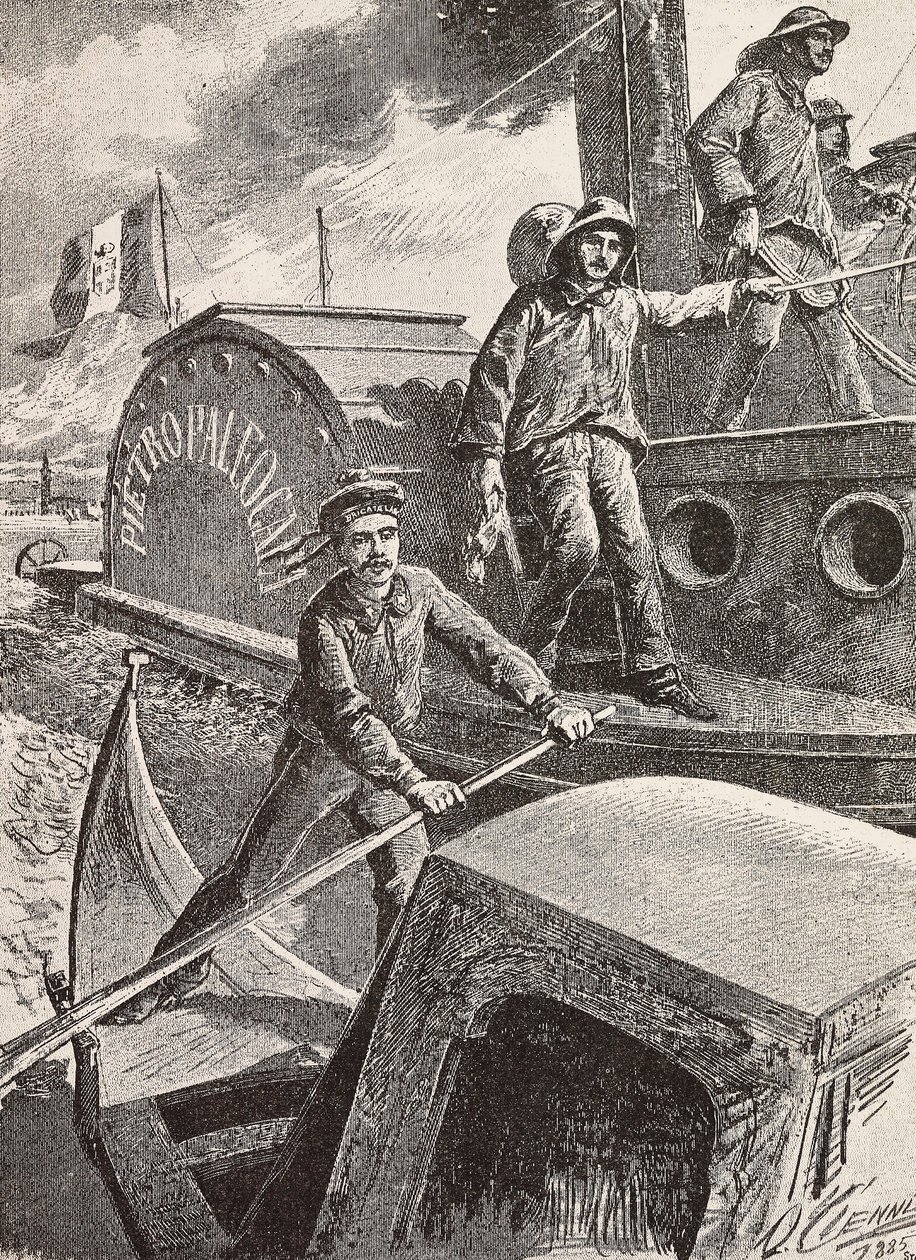 Ingénieurs militaires italiens, brigade de lagune, au travail dans leurs nouveaux uniformes, gravure d