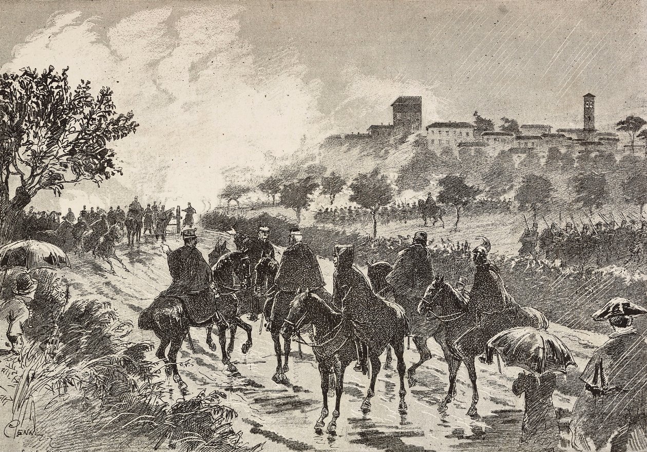 Soldats italiens à cheval se déplaçant de Copreno à Cermenate, Italie, gravure d
