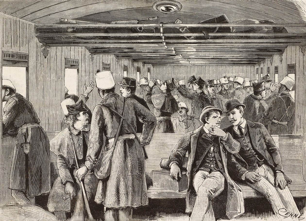 Soldats italiens en train pour Naples, Italie, deuxième expédition italienne en mer Rouge, gravure d