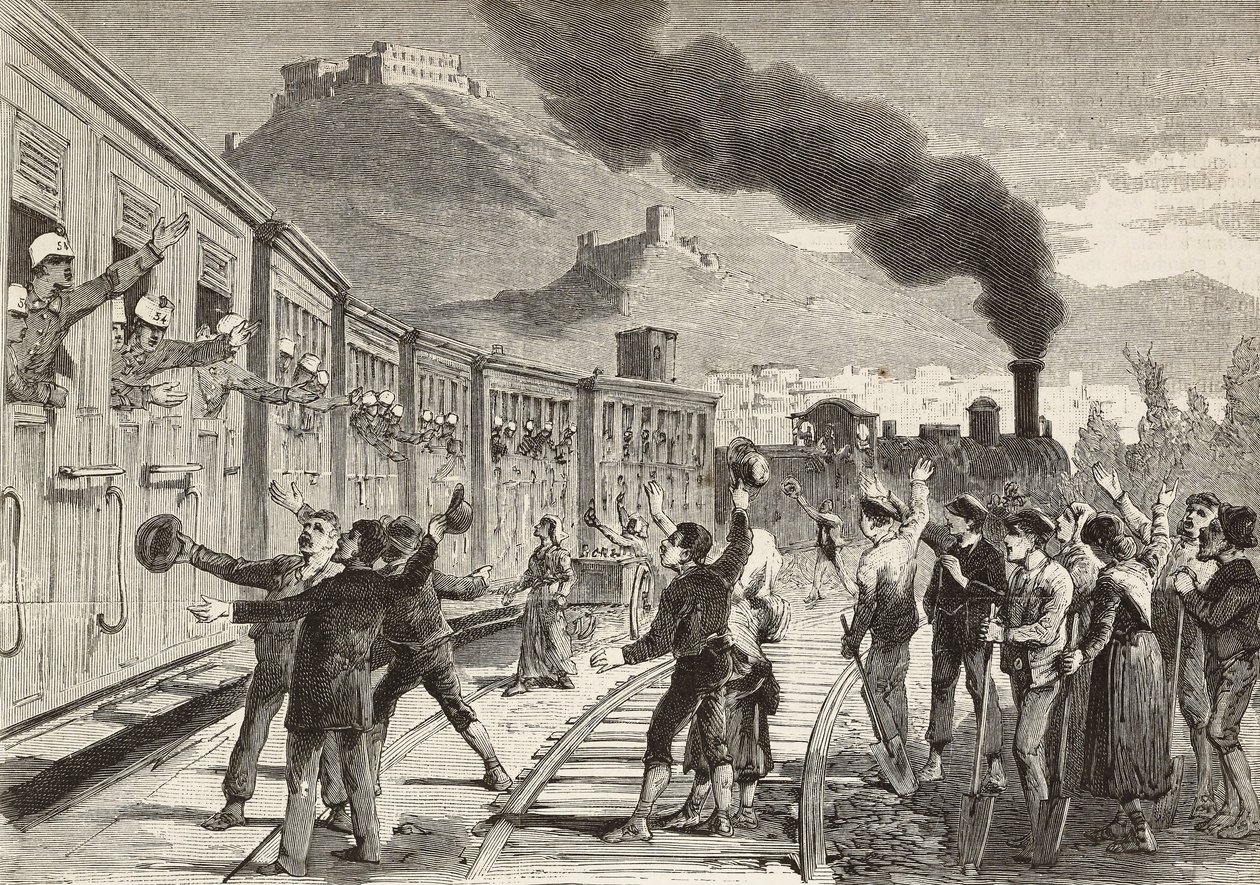 Hommes et femmes disant au revoir aux soldats italiens partant de la gare de Cassino, Italie, gravure d
