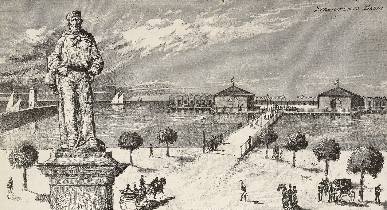 Monument à la mémoire de Giuseppe Garibaldi (1807-1882), homme politique et patriote italien, et établissement de bains en arrière-plan, Cesenatico, Italie - Quinto Cenni