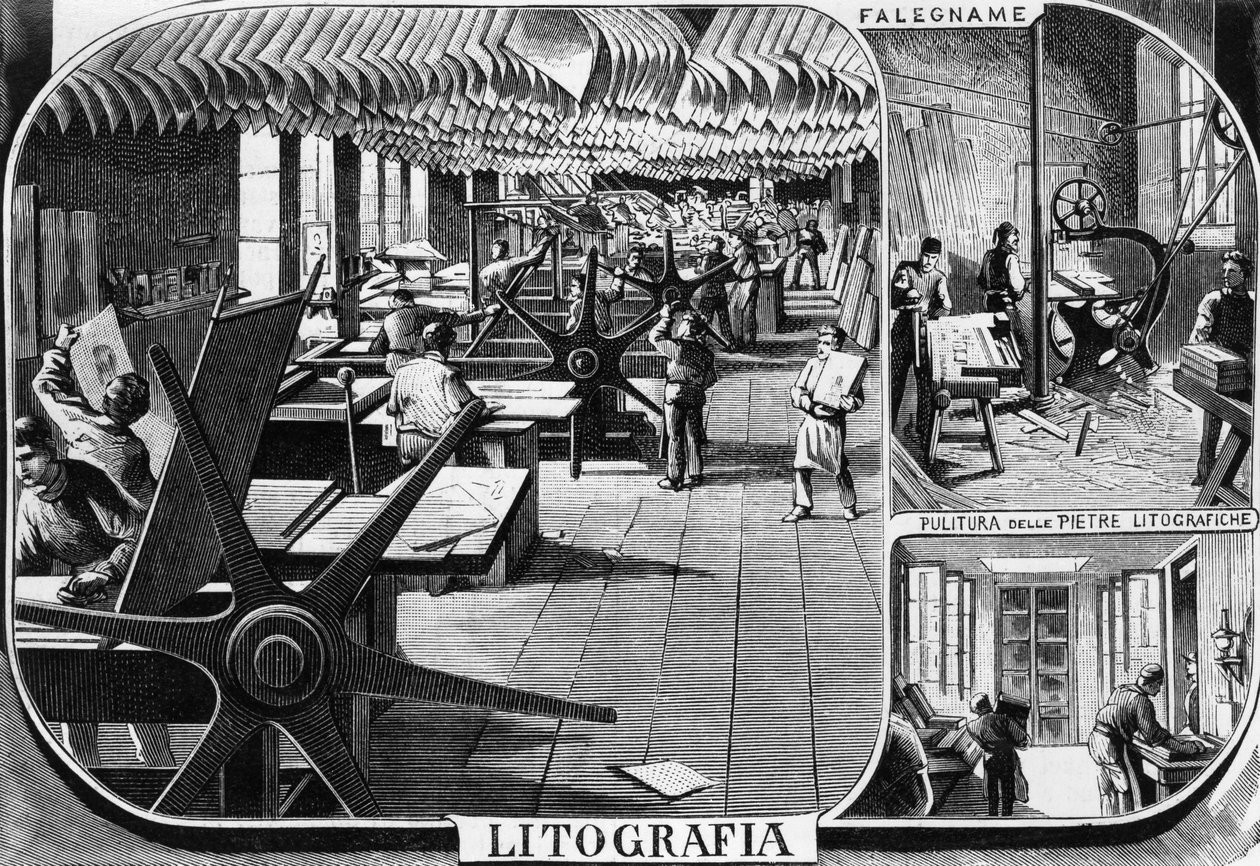 Bureaux des frères Treves, département de lithographie, Milan, Italie, illustration de Quinto Cenni - Quinto Cenni