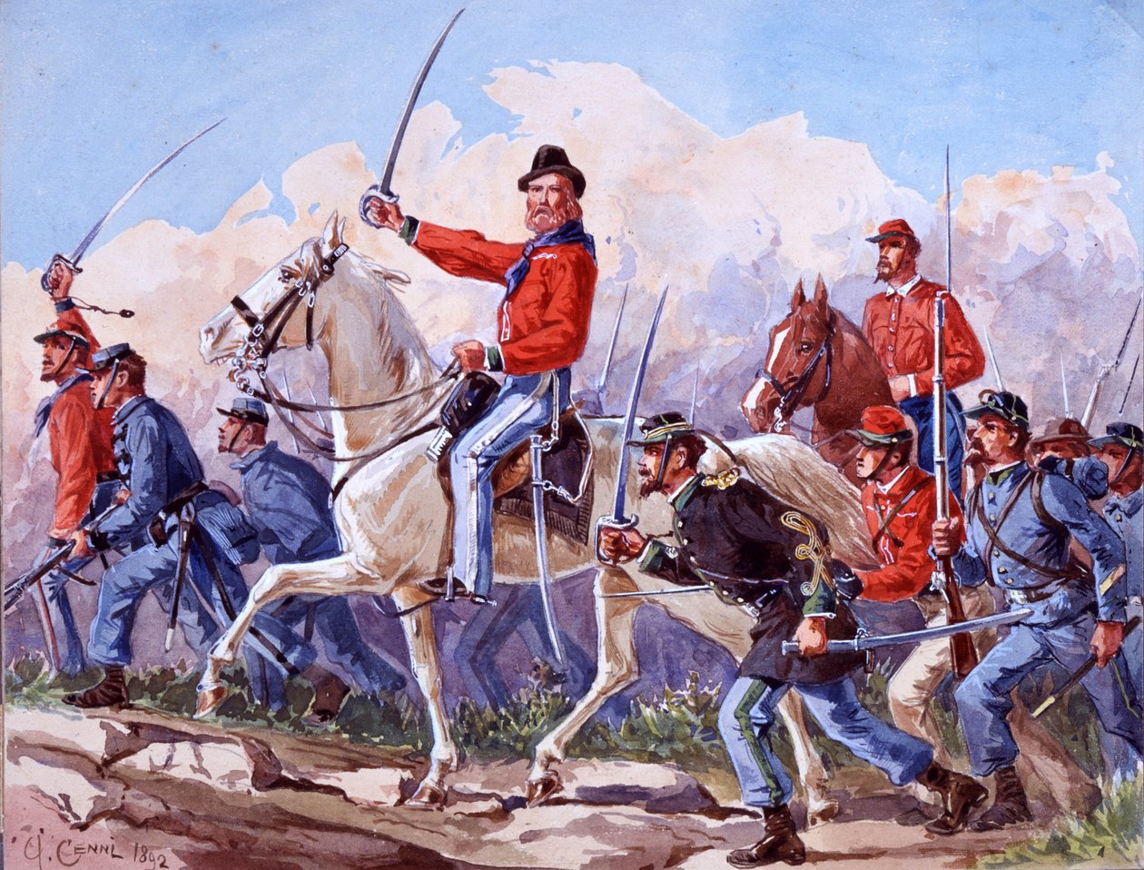 Risorgimento : les troupes de Giuseppe Garibaldi marchant sur Rome. Aquarelle de Quinto Cenni 1892 - Quinto Cenni