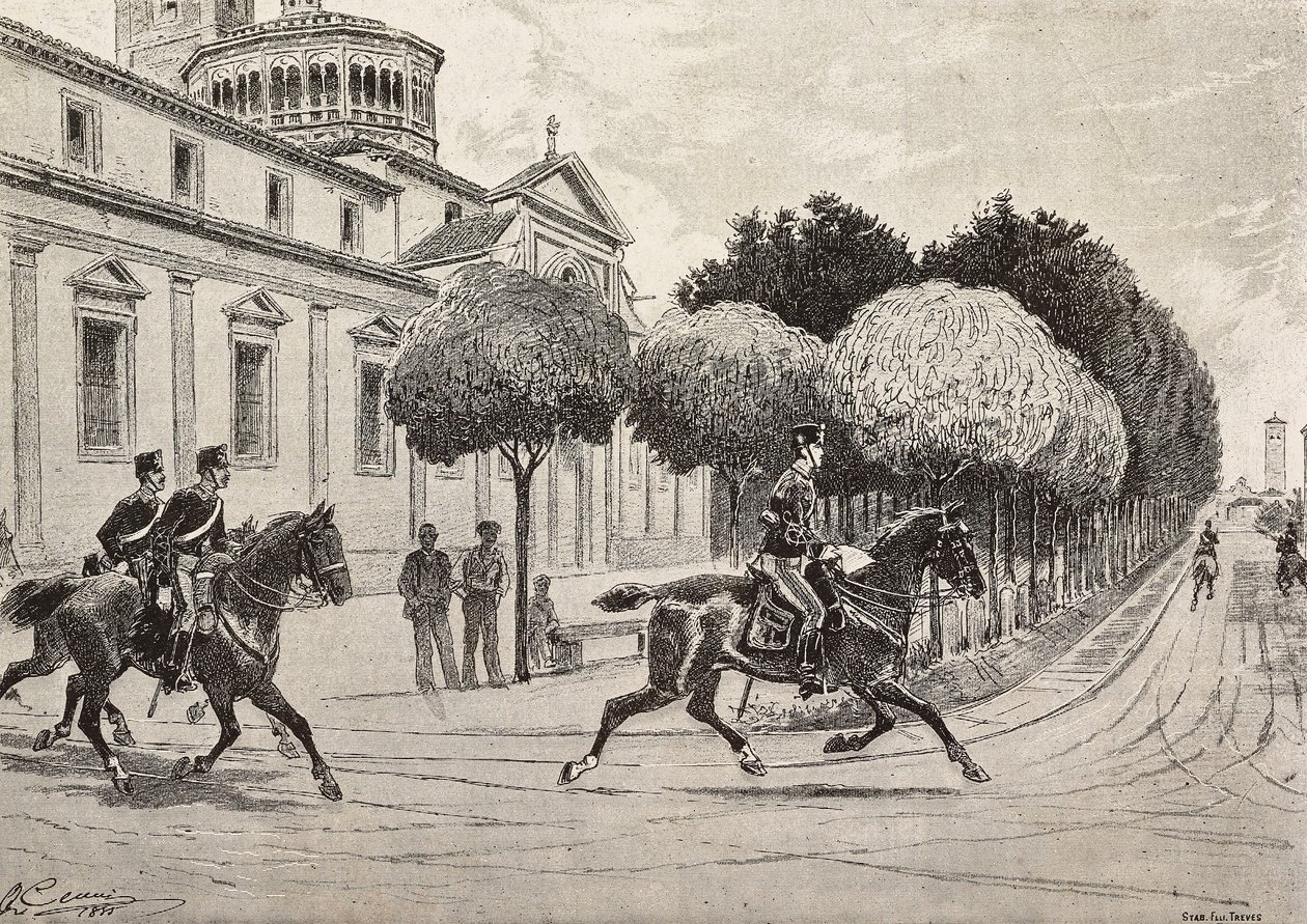 Soldats à cheval passant devant le sanctuaire de la Beata Vergine dei Miracoli, Saronno, Italie, gravure d