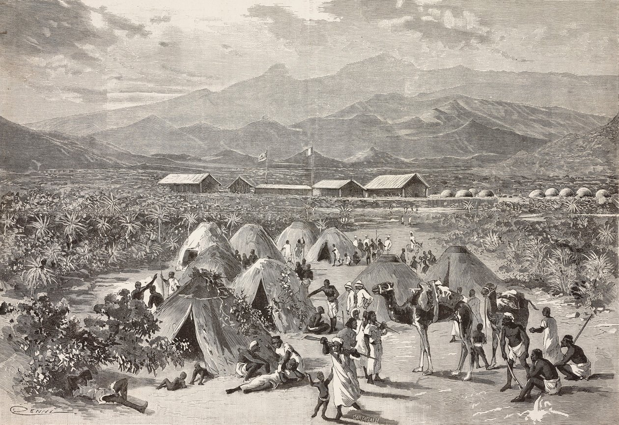 Tentes du camp de réfugiés de Zula, Arafali, Érythrée, gravure par Cantagalli d