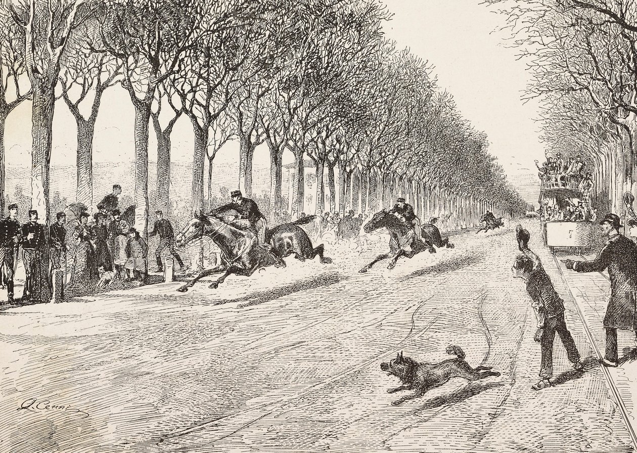 Trois officiers de la résistance participant à une course de chevaux, troisième régiment de Savoie, entre Milan et Monza, Italie, gravure d