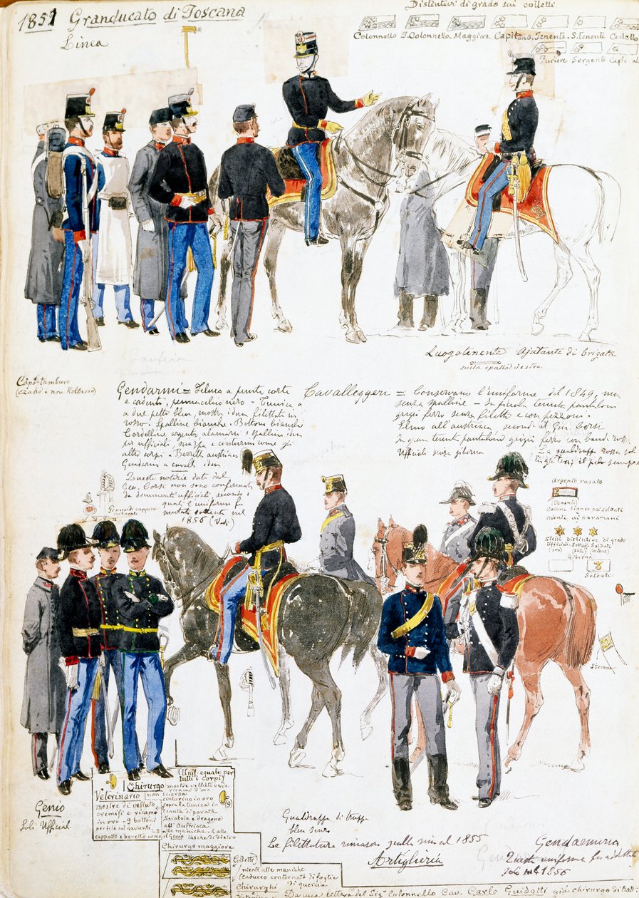 Uniformes du Grand-Duché de Toscane en 1851, planche tirée du codex Cenni, collection de croquis militaires dessinés par Quinto Cenni (1845-1917) - Quinto Cenni