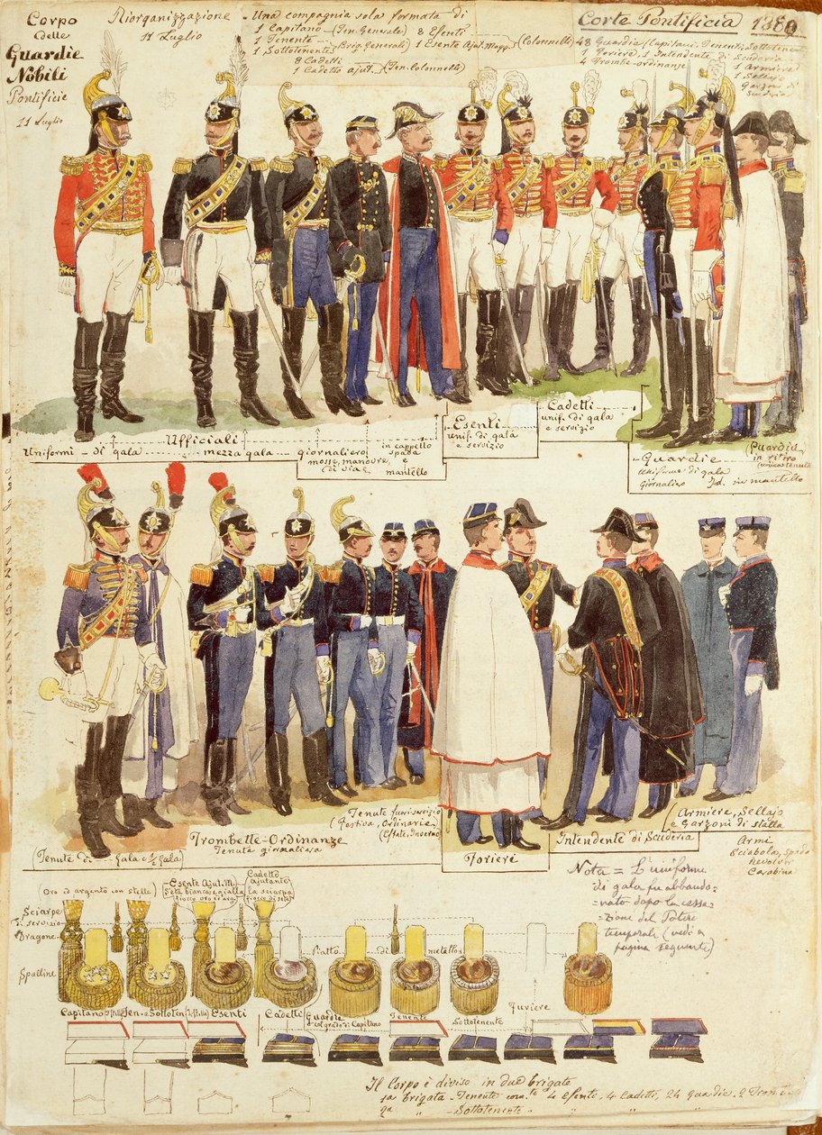 Uniformes des Gardes Nobles Papales, planche en couleur par Quinto Cenni - Quinto Cenni