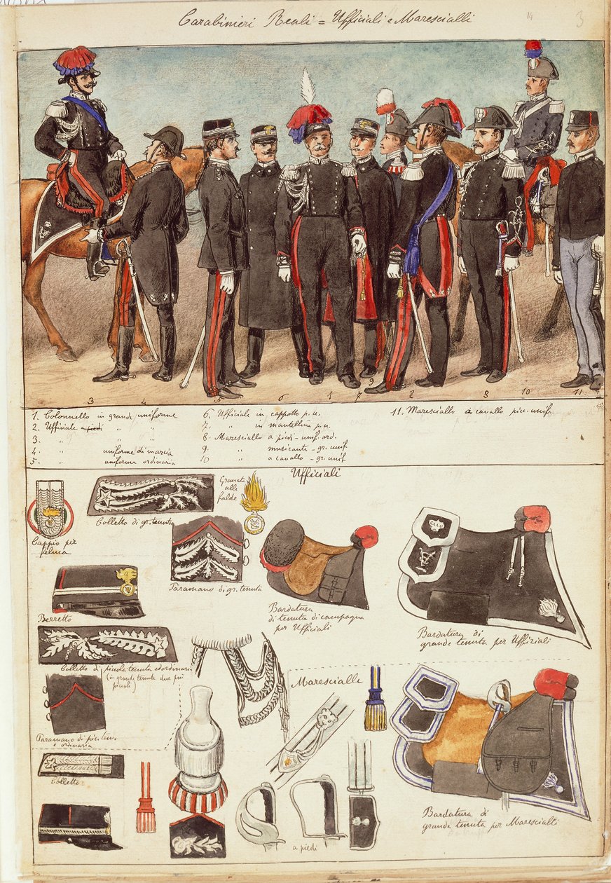 Uniformes des Carabiniers royaux, officiers et sous-officiers du Royaume d