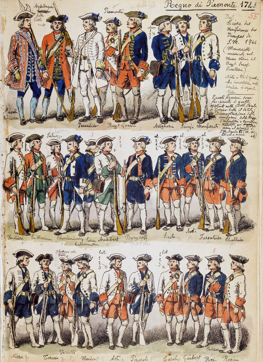 Uniformes des troupes du Royaume de Piémont en 1744, planche tirée du Codex Cenni, collection de croquis militaires dessinés par Quinto Cenni - Quinto Cenni