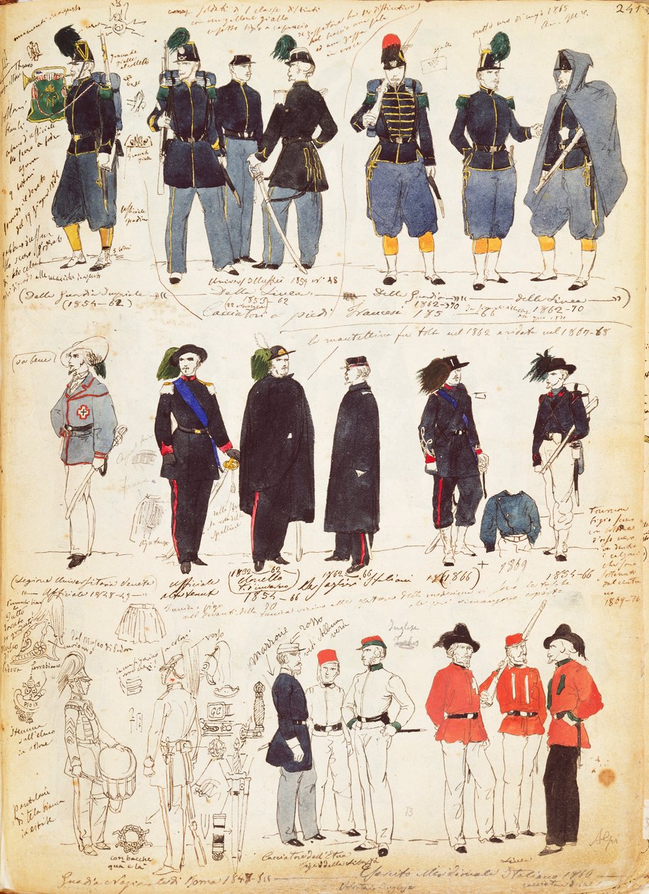 Divers uniformes italiens en usage courant entre 1847 et 1870 par Quinto Cenni, planche en couleur - Quinto Cenni