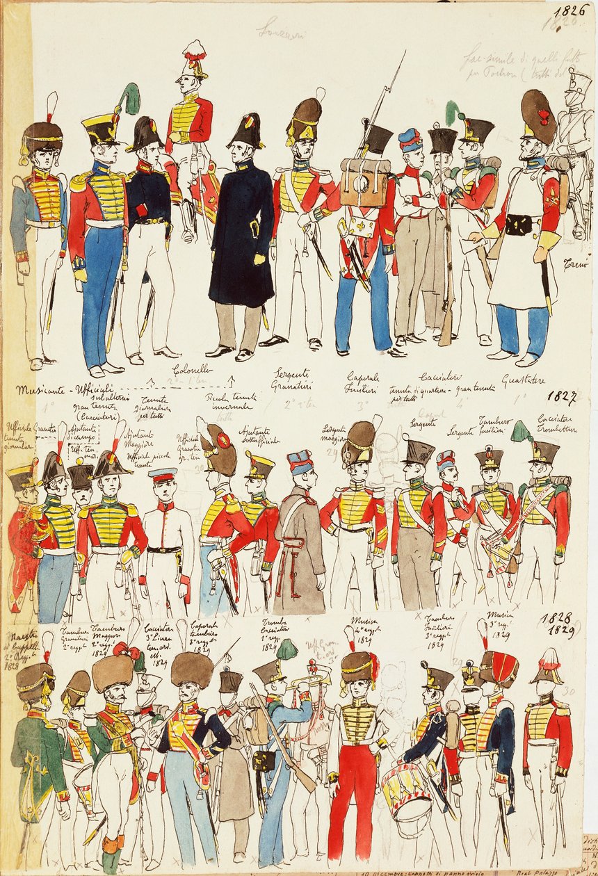 Divers uniformes, datant de 1826 à 1829. Planche en couleur par Cenni Quinto - Quinto Cenni