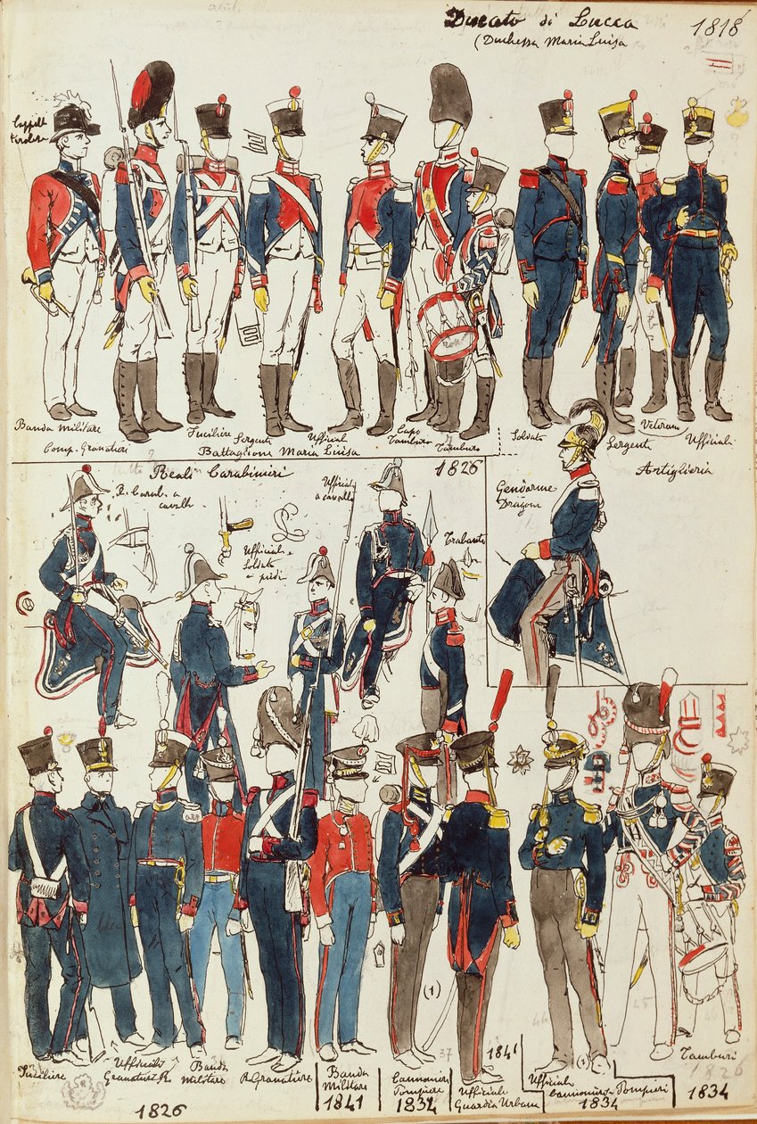 Divers uniformes du Duché de Lucques par Quinto Cenni, planche en couleur - Quinto Cenni