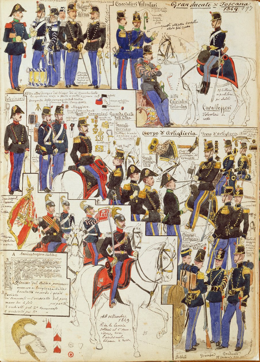 Divers uniformes du Grand-Duché de Toscane par Quinto Cenni, planche en couleur - Quinto Cenni