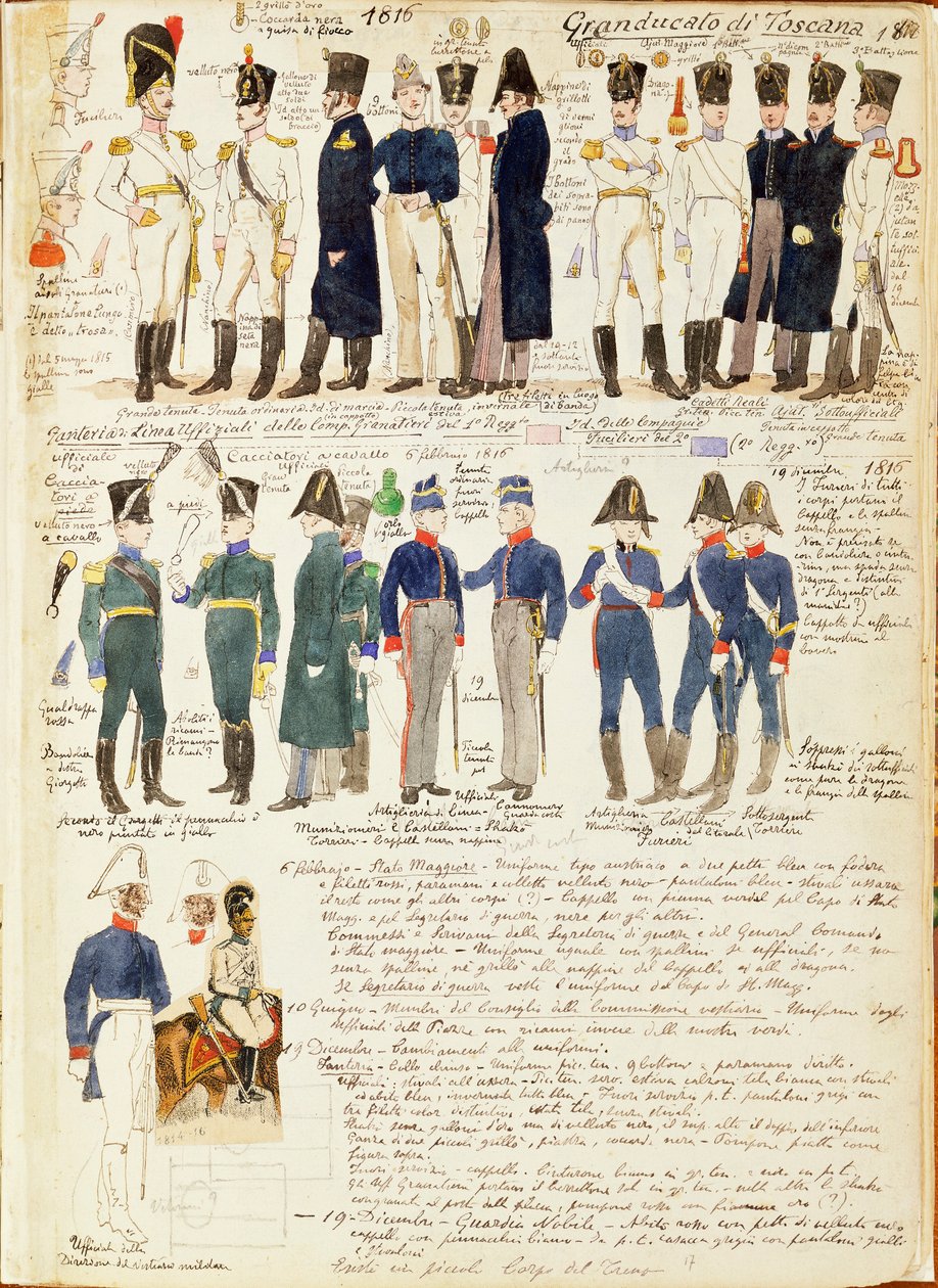 Divers uniformes du Grand-Duché de Toscane par Quinto Cenni, planche en couleur - Quinto Cenni