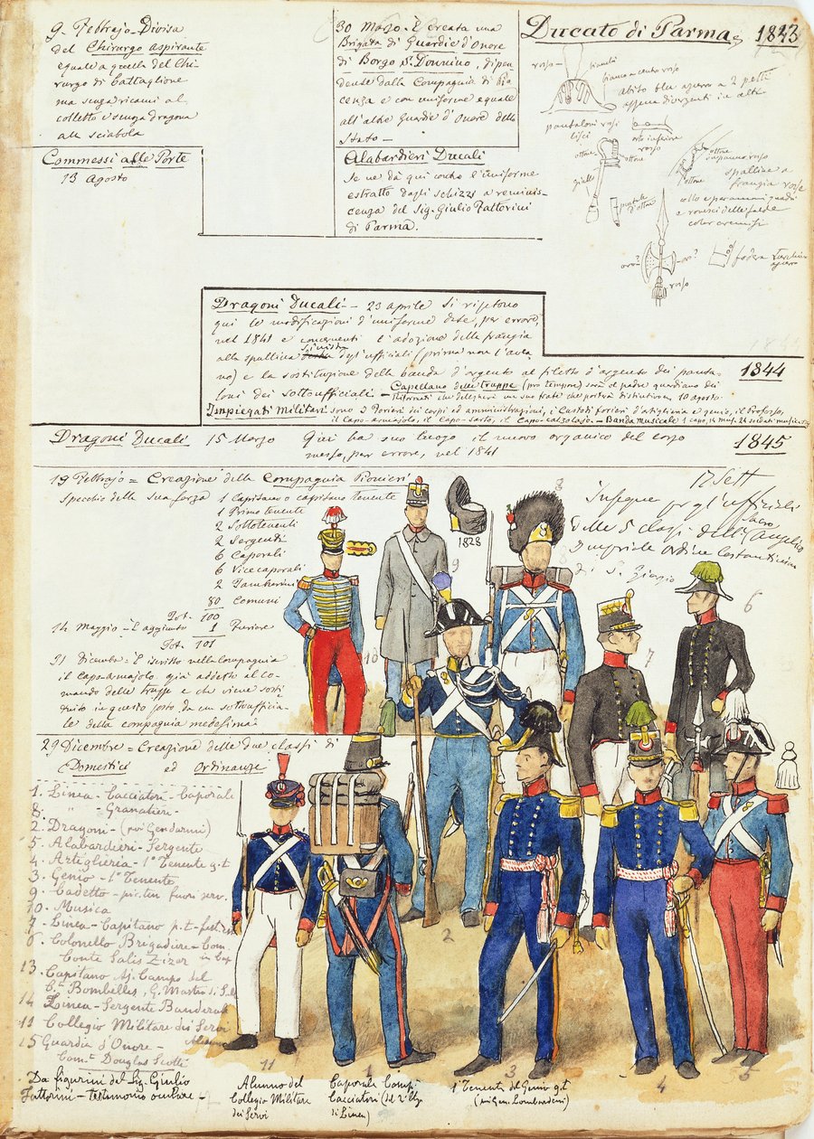 Divers uniformes du Duché de Parme de 1845 - Quinto Cenni