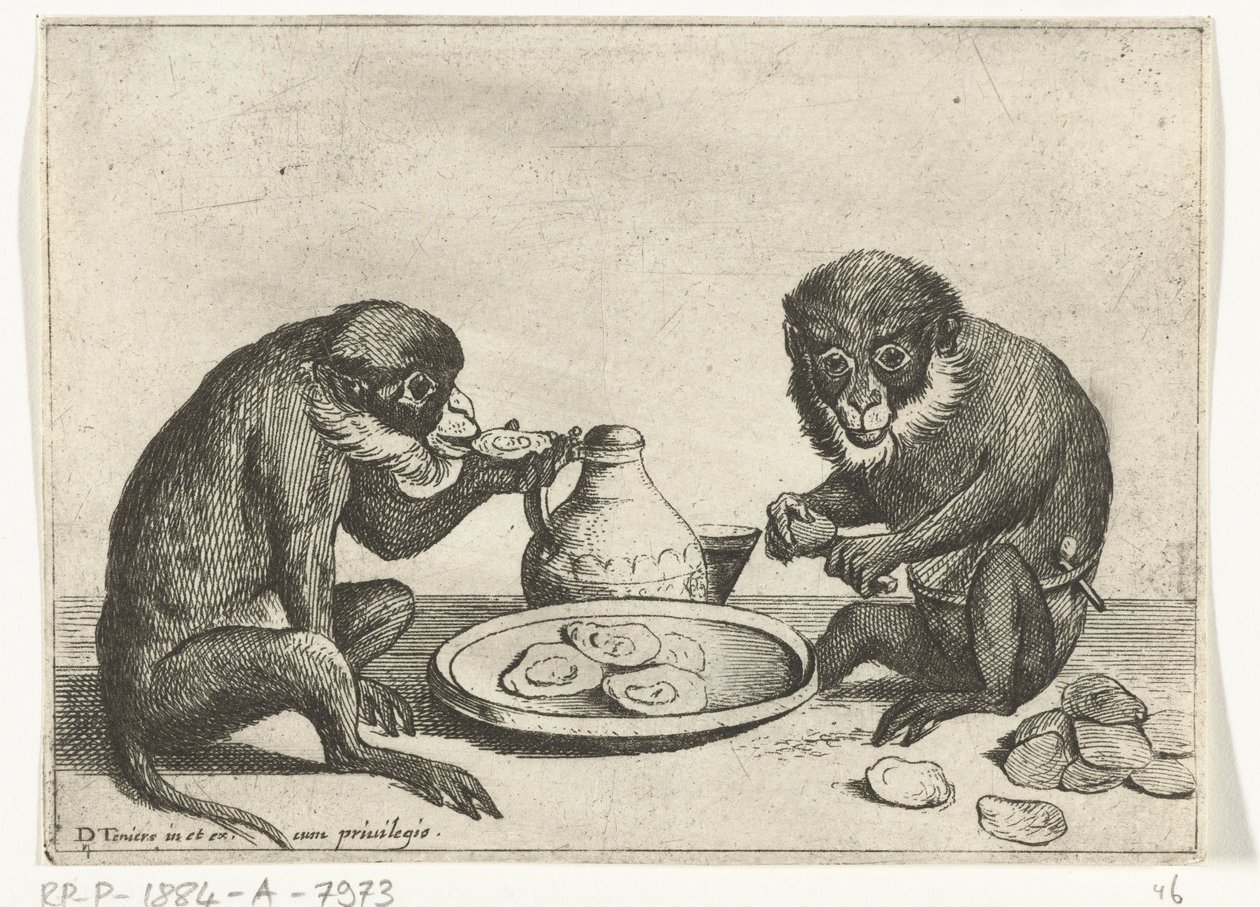 Deux singes mangeant des huîtres - Quirin Boel