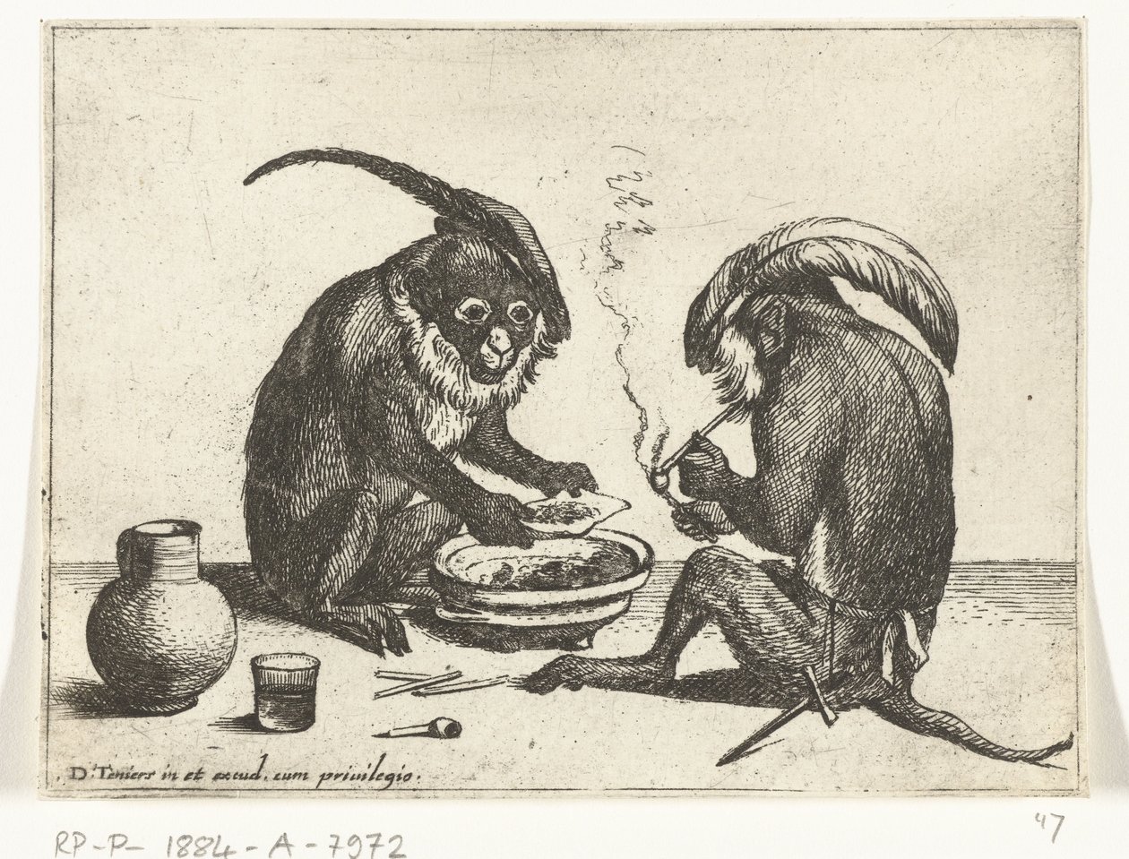 Deux singes fumant une pipe Divers métiers de la vie humaine représentés par des singes (titre de la série) le Jeu des singes dans le monde (titre de la série) - Quirin Boel