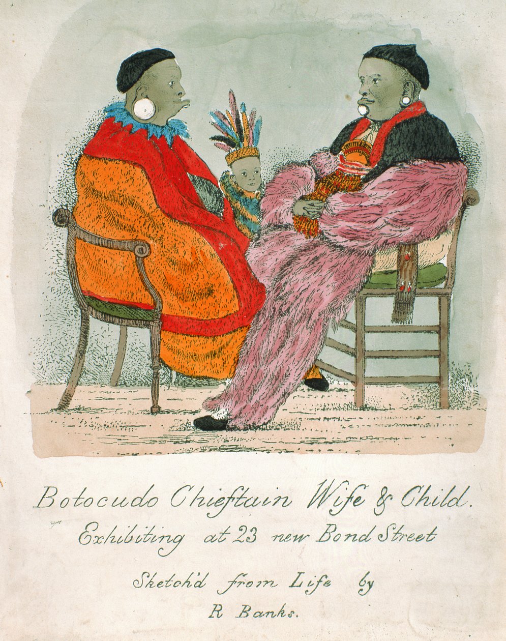 Chef Botocudo, femme et enfant exposant à 23 New Bond Street - R. Banks