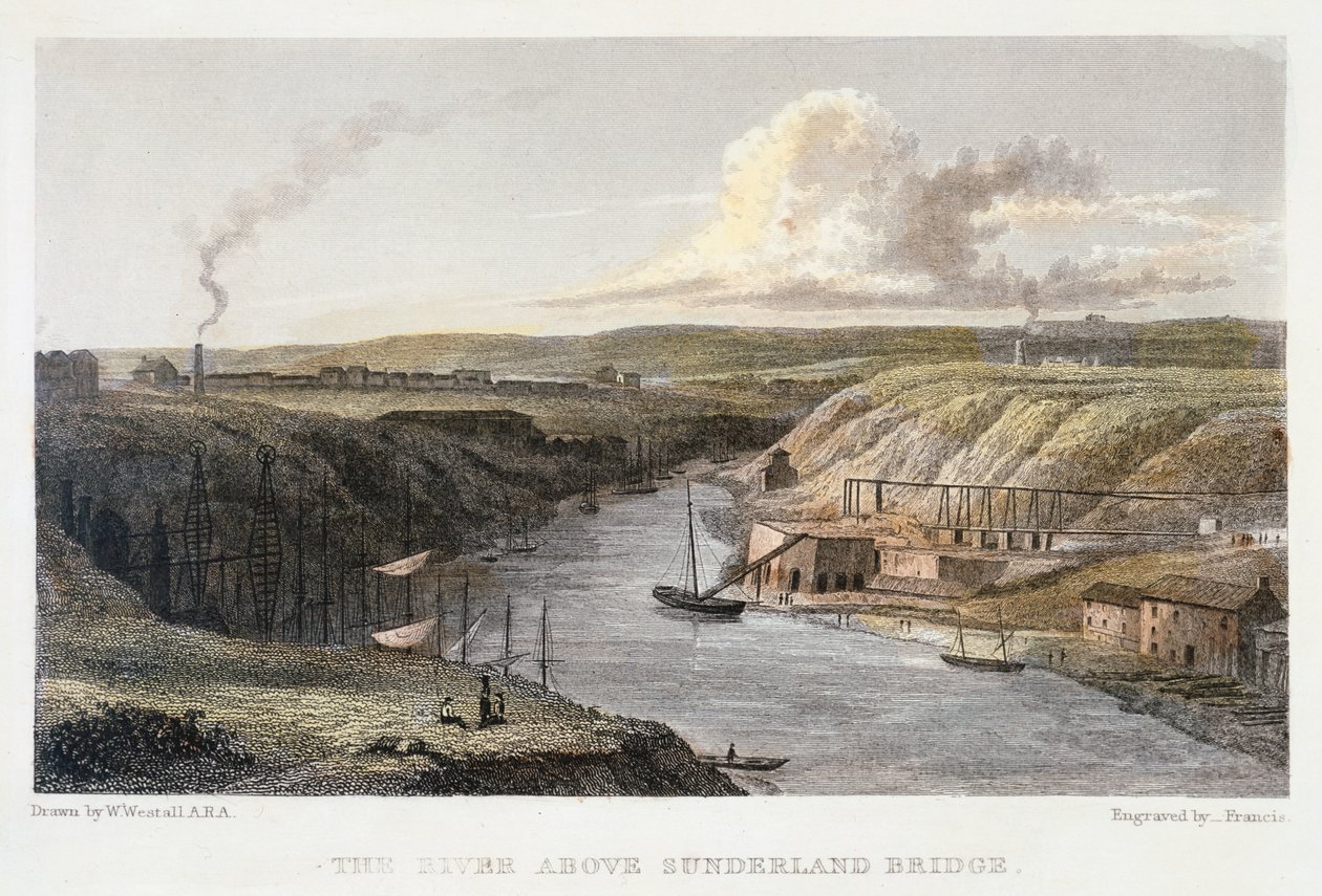 La Wear au-dessus du pont de fer de Sunderland, vers 1829 - R Francis