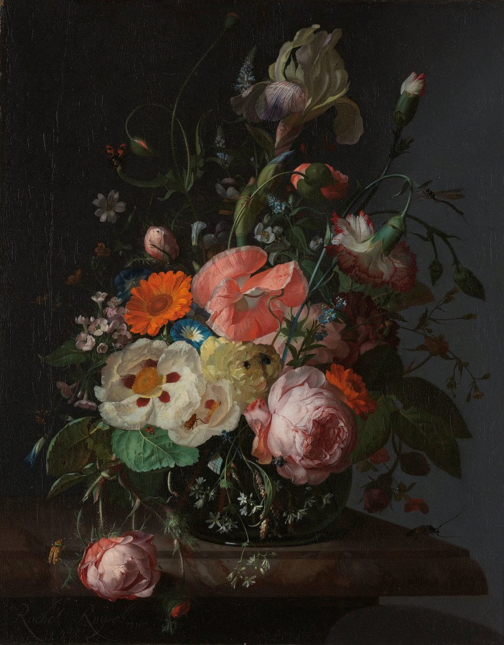 Nature morte avec des fleurs sur un plateau de marbre - Rachel Ruysch