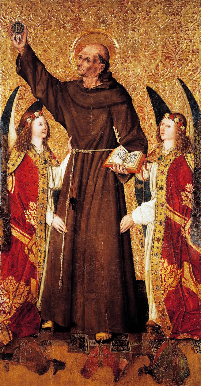 Saint Bernard et anges, panneau central du retable de Saint Bernard par Rafael Tomas (actif 1455-1479), prédelle par Joan Figuera (actif de 1454 à 1477 ou 1479), tempera sur panneau, 398,9x253 cm - Rafael & Figuera Joan (active c.1454 1477) Tomas