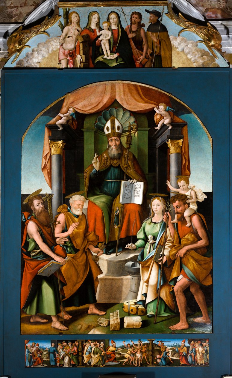 Saint Blaise intronisé entre les saints Pierre, Paul, Catherine d