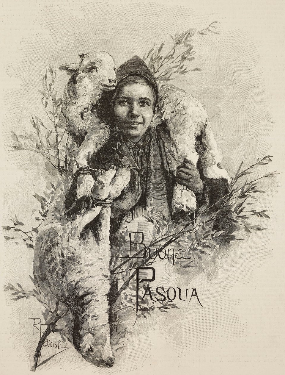 Joyeuses Pâques, jeune homme avec un agneau sur les épaules, gravure d