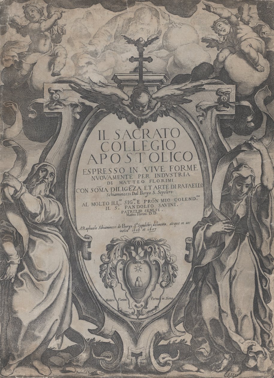 Frontispice avec deux figures tenant des rouleaux et des chérubins flanquant le cartouche au centre, 1606-07 - Raffaello Schiaminossi