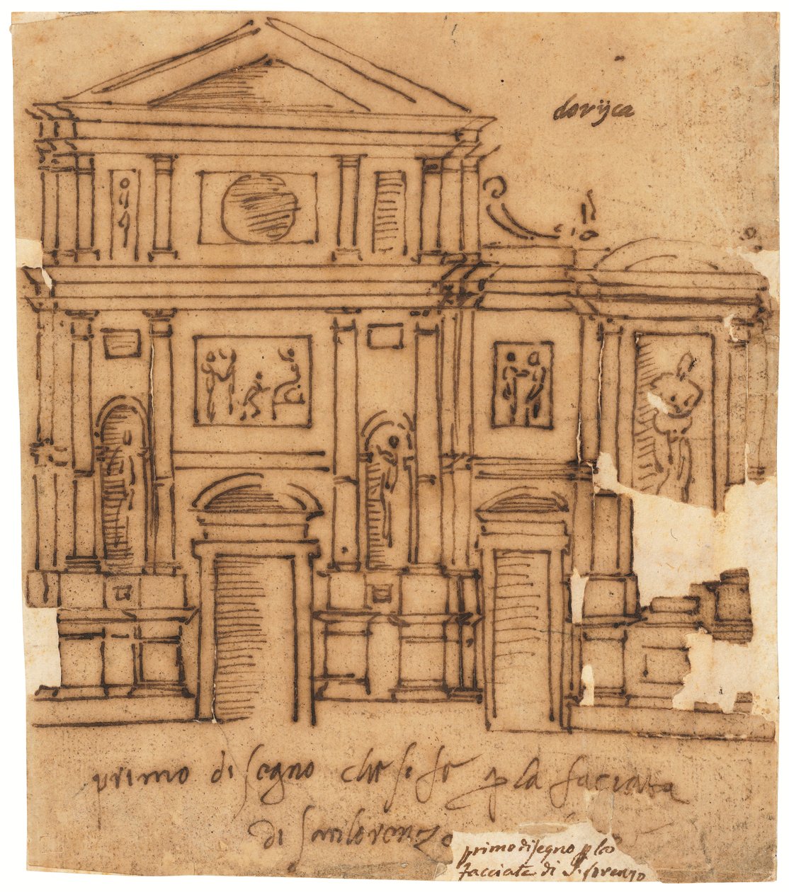 Projet pour la façade de San Lorenzo, Florence (plume et encre brune, sur papier calque huilé) - Raffaello da Montelupo
