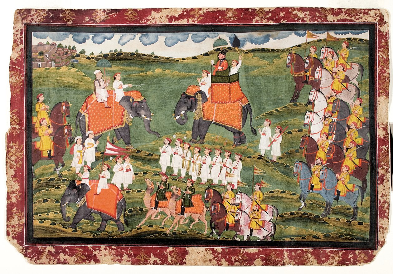 Colonel James Tod et Guru Gyanchandra chevauchant des éléphants près d