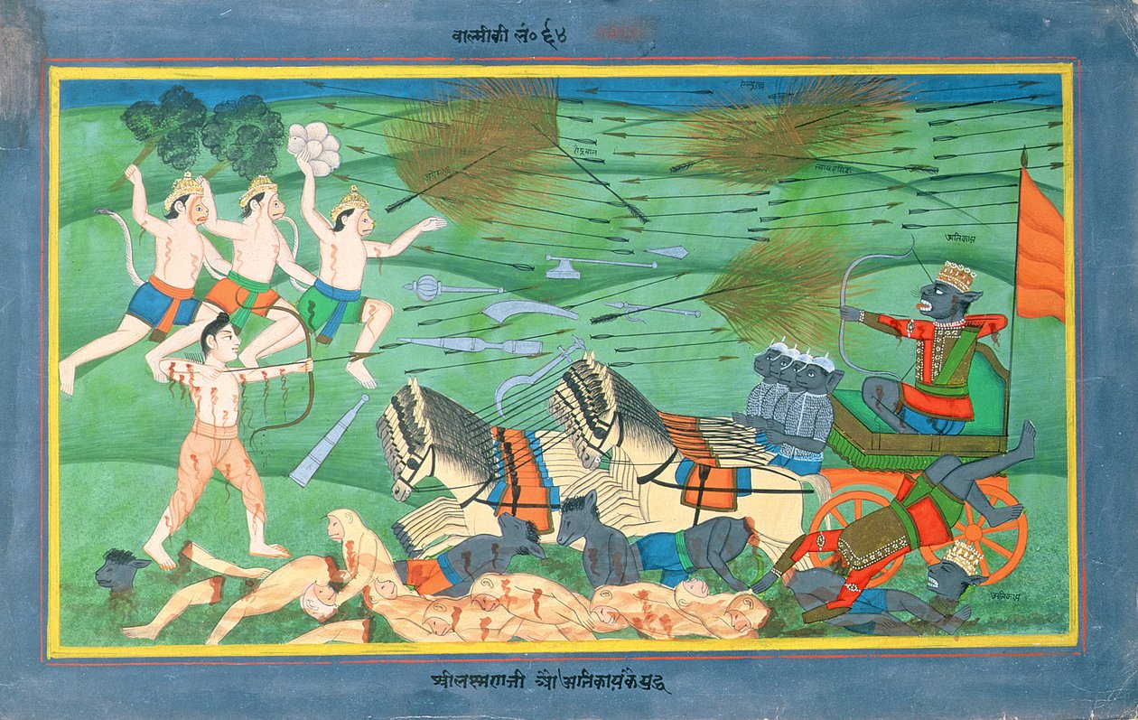 La Bataille de Lanka, entre Rama et Ravana, Roi des Rakshasas, du Ramayana, début du 19ème siècle - Rajasthani School