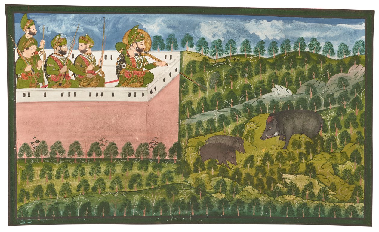 Peinture de Maharana Jawan Singh chassant le sanglier - Rajasthani School