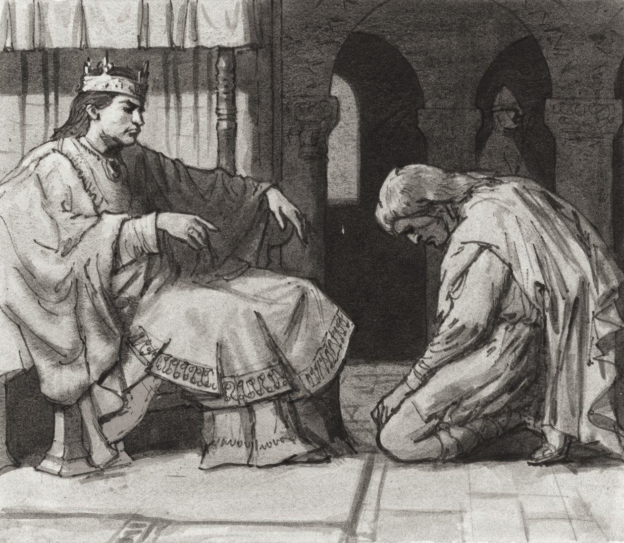 Walteof, comte de Northumbrie devant le roi Guillaume Ier (gouache sur papier) - Ralph Bruce