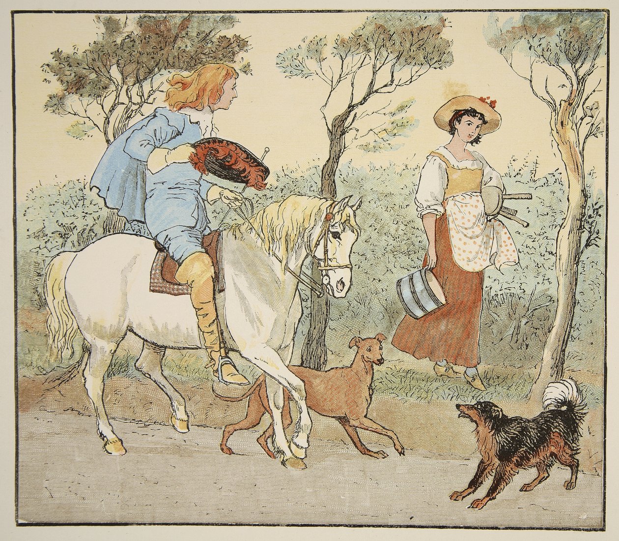 Où vas-tu, ma jolie demoiselle, illustration de The Milkmaid, pub. par Frederick Warne - Randolph Caldecott