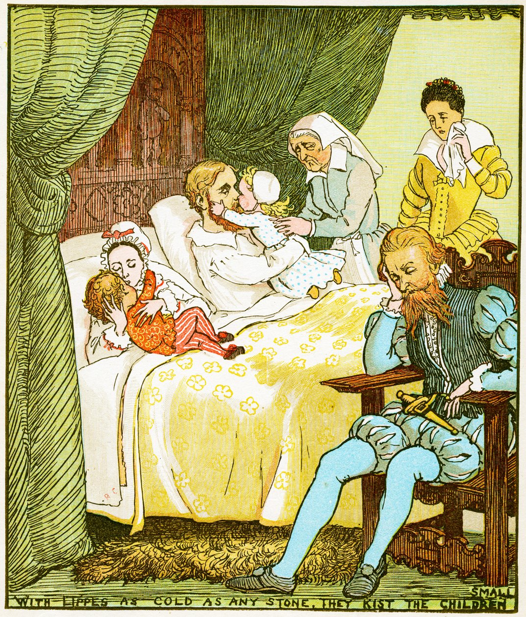 Avec des lèvres aussi froides que la pierre, ils embrassent les petits enfants, illustration pour Les Enfants dans les bois, 1885 - Randolph Caldecott