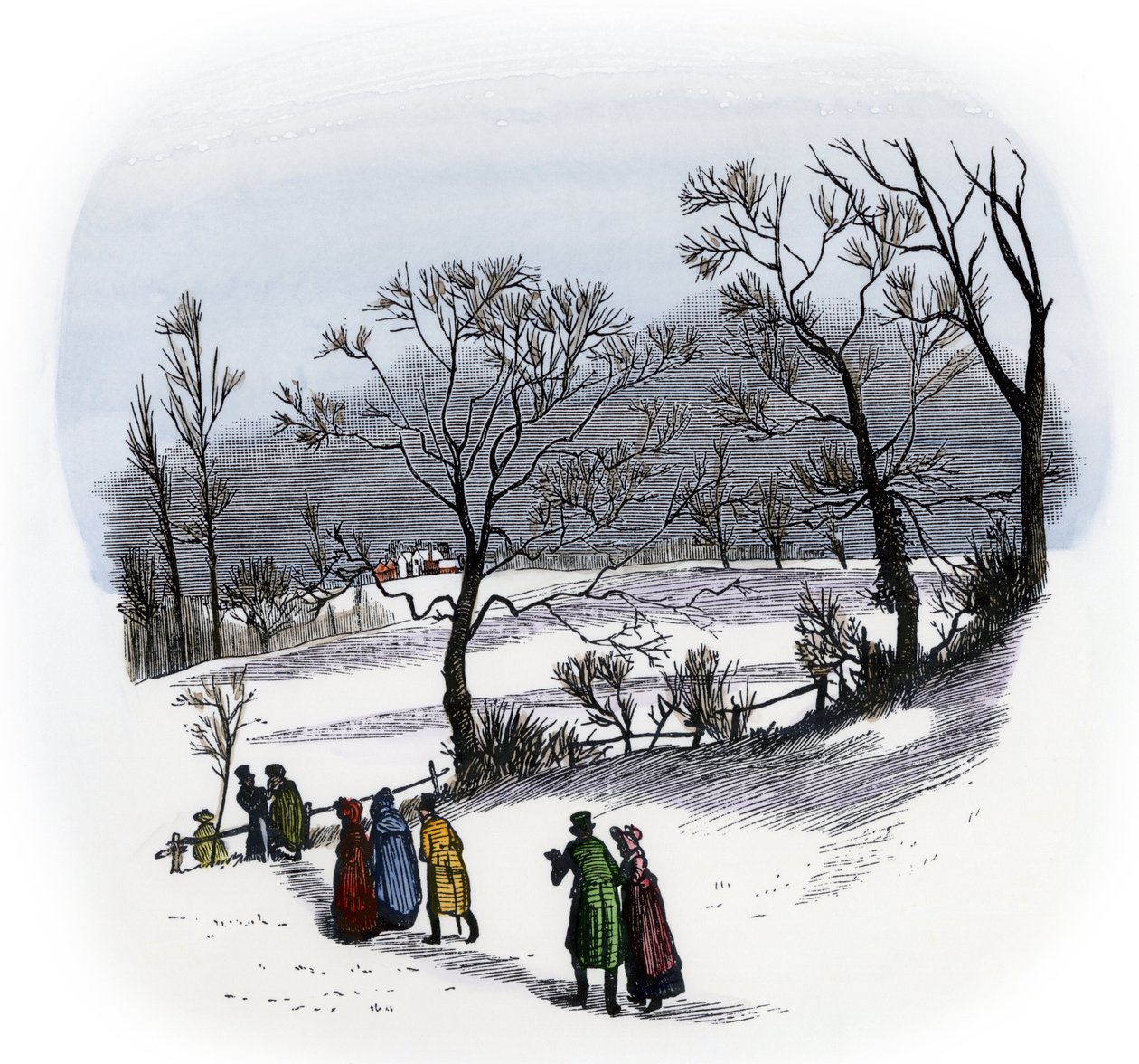 Vie quotidienne, Angleterre : des habitants de la campagne se rendent à une fête de Noël organisée dans une ferme voisine. Ils traversent des champs enneigés vers 1800. Gravure en couleur, d