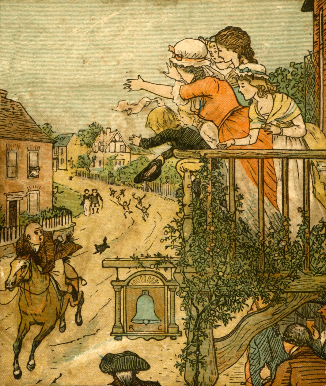 John Gilpin passe au galop devant le Bell Inn alors que sa femme et ses enfants saluent depuis le balcon, 1878 - Randolph Caldecott