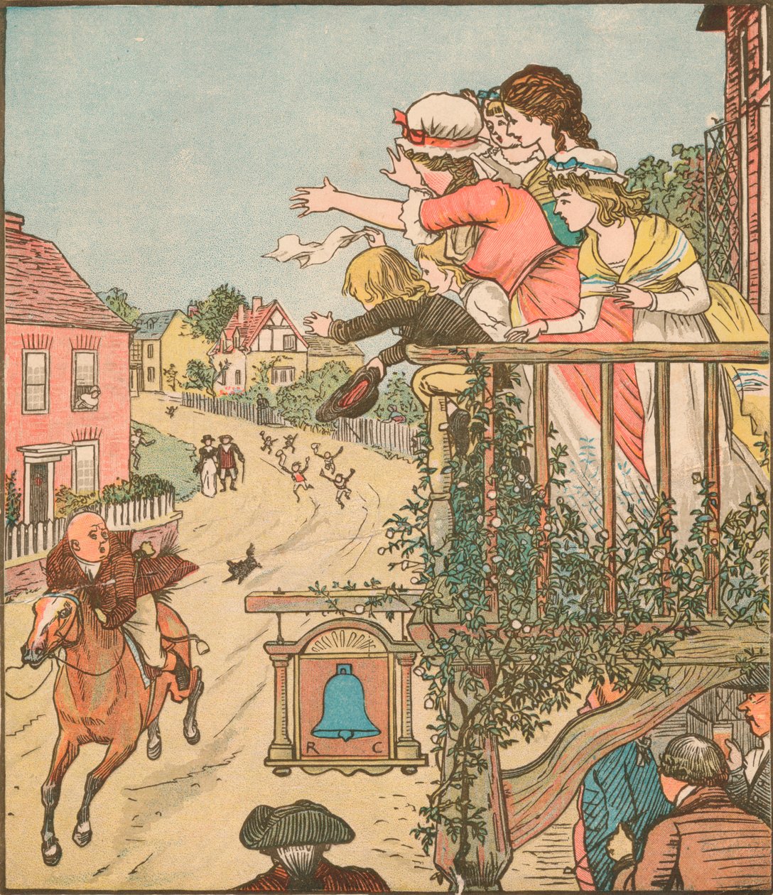 John Gilpin passe au galop devant le Bell Inn tandis que sa femme et ses enfants saluent depuis le balcon, 1878 - Randolph Caldecott
