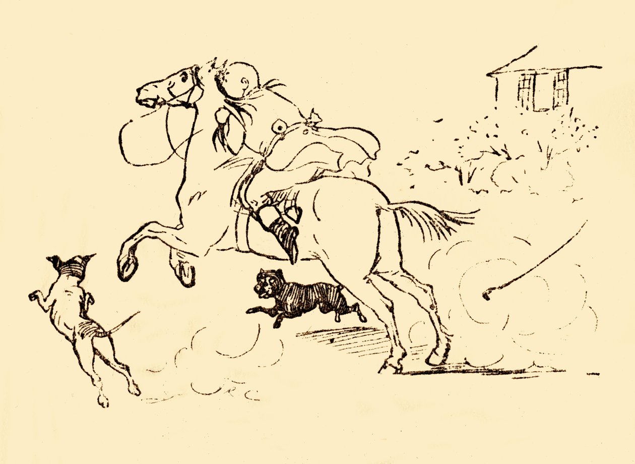 John Gilpin est poursuivi par des chiens alors que son cheval galope hors de contrôle, 1878, c1918 - Randolph Caldecott