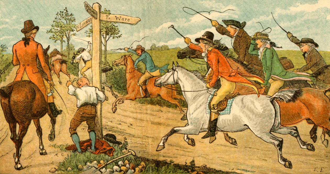 John Gilpin sur son cheval emballé poursuivi par des passants, 1878, vers 1918 - Randolph Caldecott