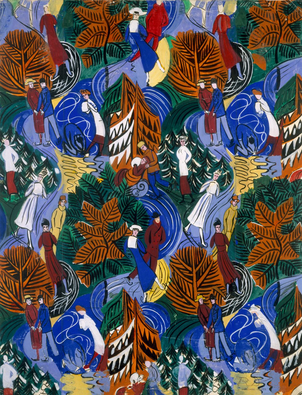 Patineurs, dessin pour soie imprimée, vers 1914-20 (lithographie couleur) - Raoul Dufy