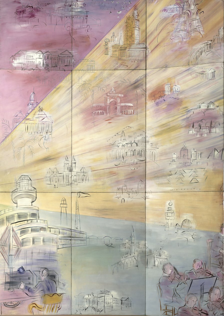 La Fee Electricite, détail de la partie gauche représentant différentes villes - Raoul Dufy