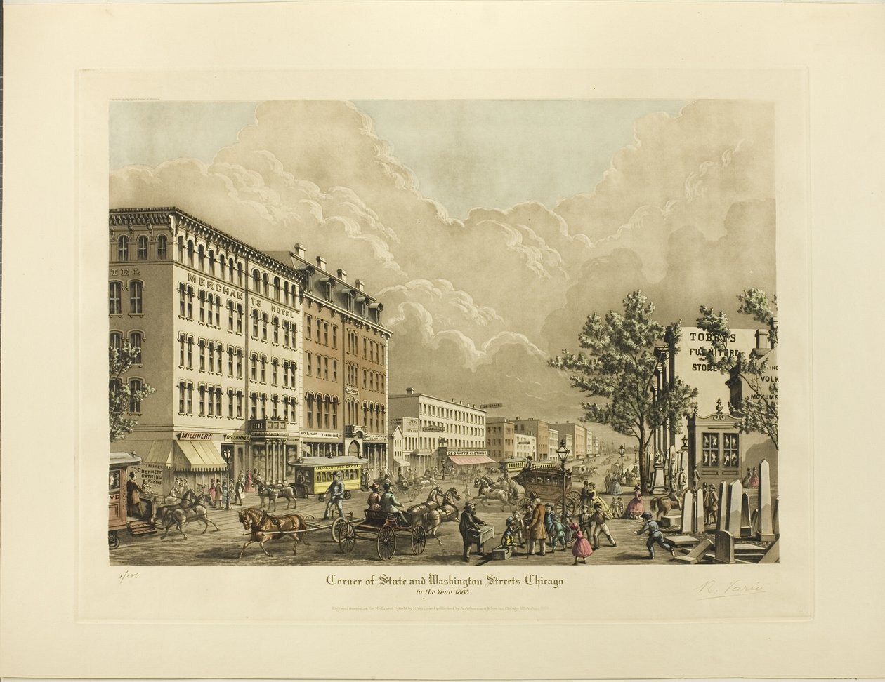 Coin des rues State et Washington, Chicago, en 1865 - Raoul Varin