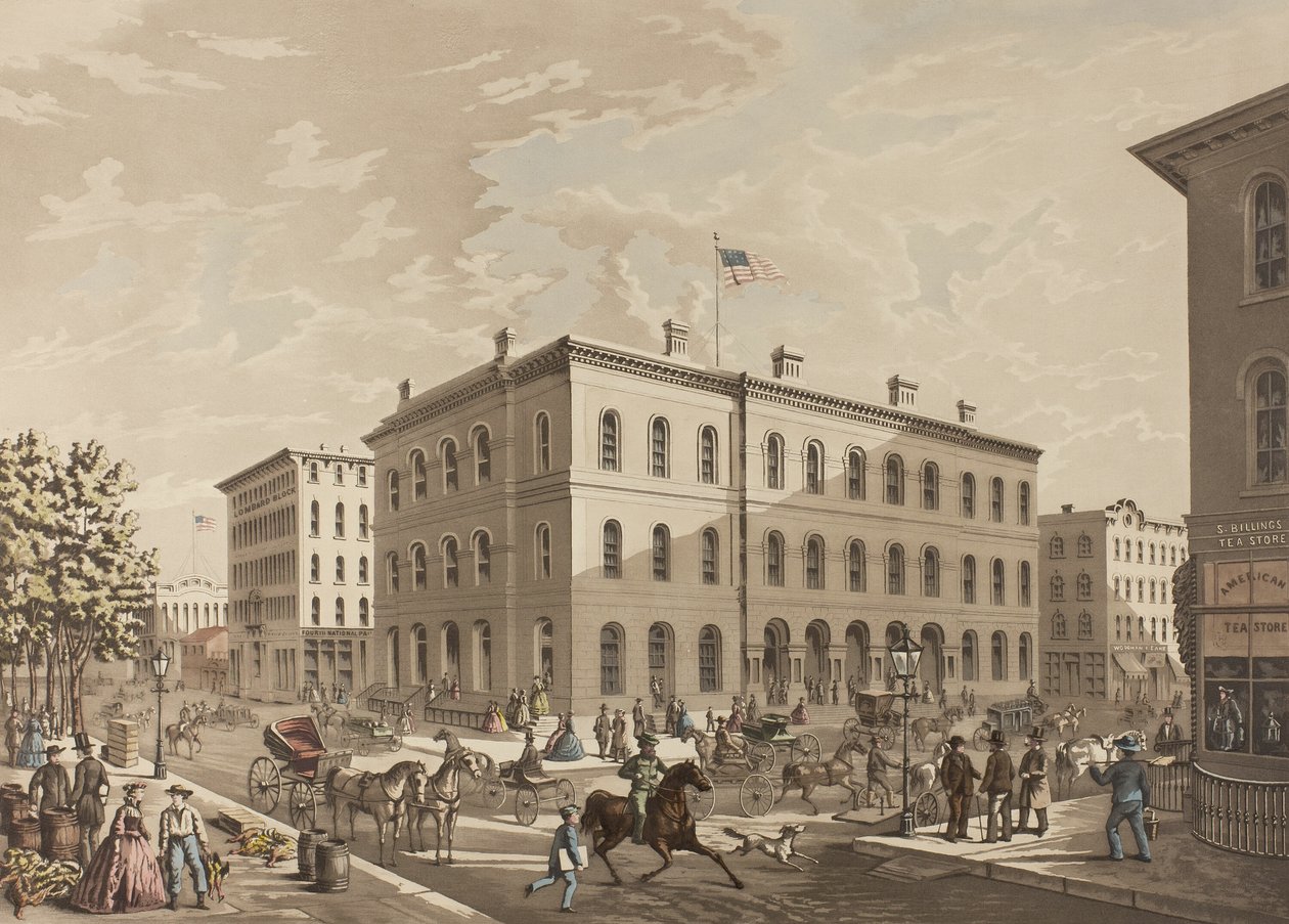 Coin N.O. des rues Dearborn et Monroe, Chicago, montrant le bâtiment de la Poste en 1865 - Raoul Varin