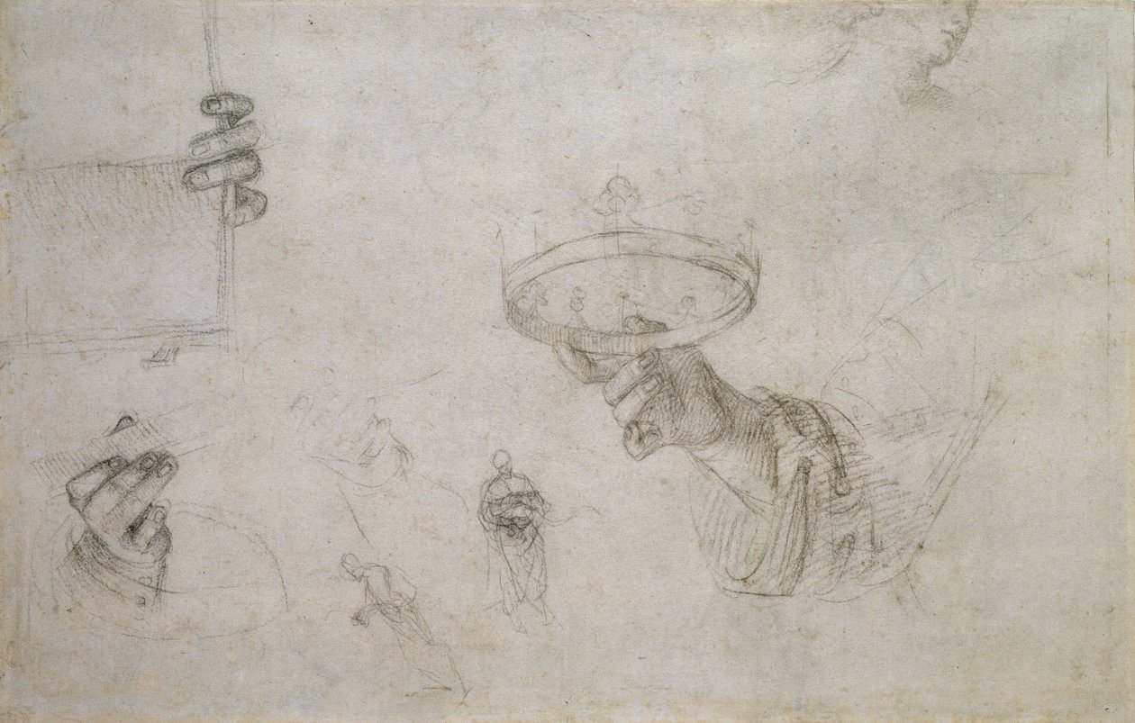 Recto : Main tenant une couronne, et autres études pour le couronnement de Saint Nicolas de Tolentino, WA1846.148 - Raffaello Sanzio Raphael