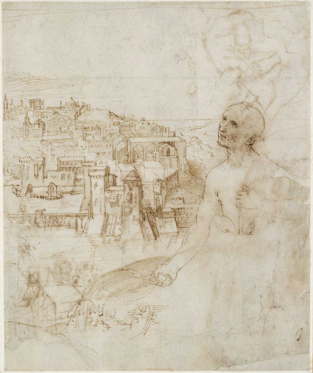 Recto : Vue de la ville de Pérouse, avec Saint Jérôme pénitent au premier plan - Raffaello Sanzio Raphael