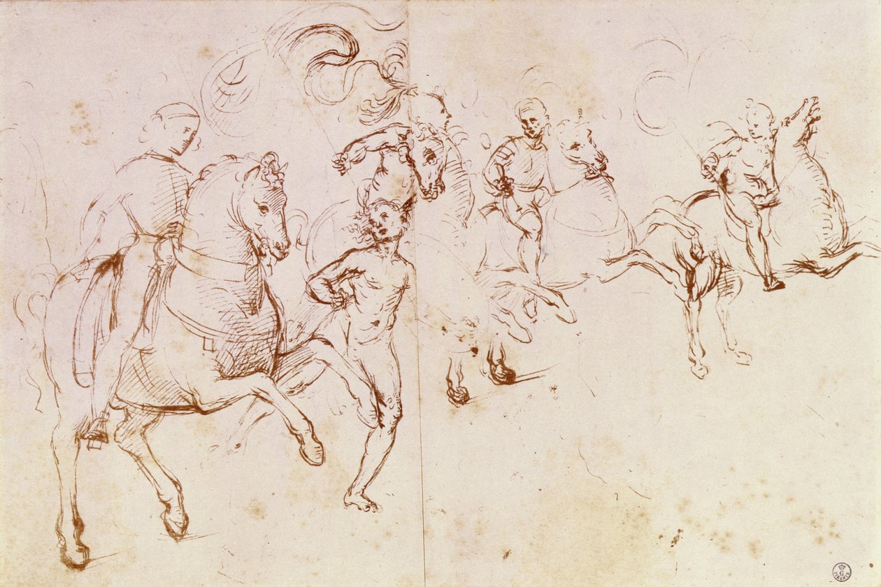 Étude de quatre cavaliers et un nu masculin pour une 