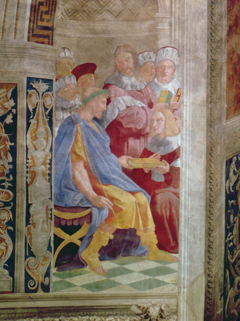 Les Vertus judiciaires : Le Pape Grégoire IX approuvant les Décrétales du Vatican ; Justinien remettant les Pandectes à Trebonianus (détail) - Raffaello Sanzio Raphael